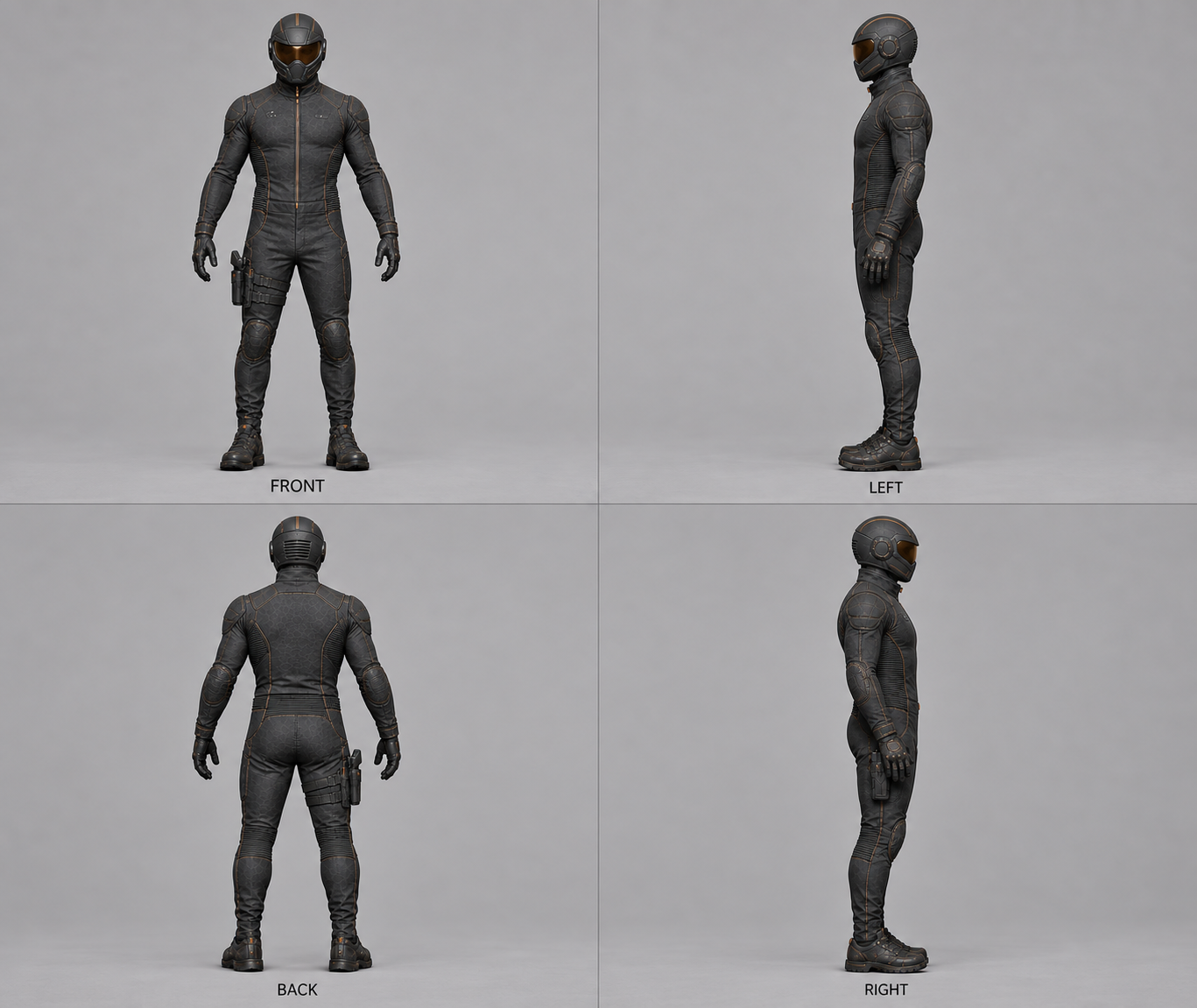C02 · Black Driving Suit four-view sheet, showing the driver from the front, left, rear, and right