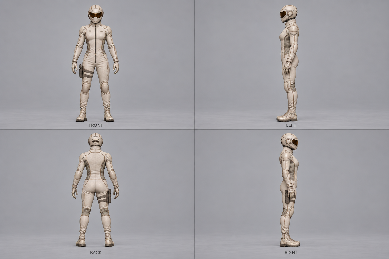 C03 · Ivory Driving Suit four-view sheet, showing the driver from the front, left, rear, and right