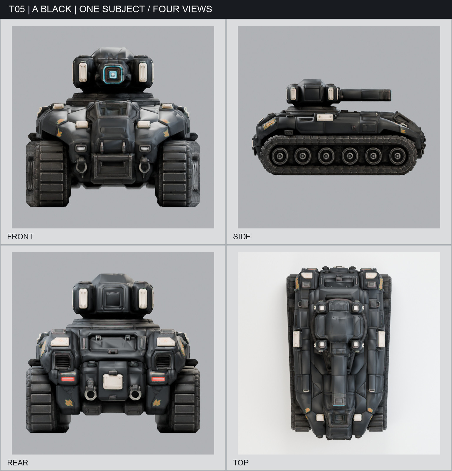 Pioneer N01 · Black Livery four-view sheet, showing the combat vehicle and its black livery from the front, side, rear, and top