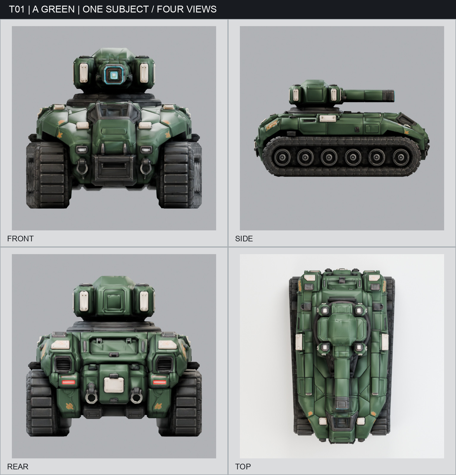 Pioneer N01 · Green Livery four-view sheet, showing the combat vehicle and its green livery from the front, side, rear, and top