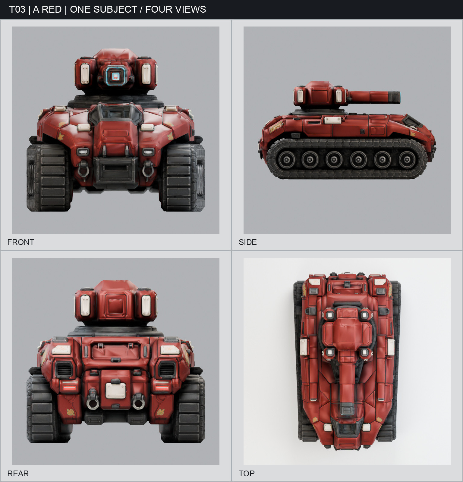 Pioneer N01 · Red Livery four-view sheet, showing the combat vehicle and its red livery from the front, side, rear, and top