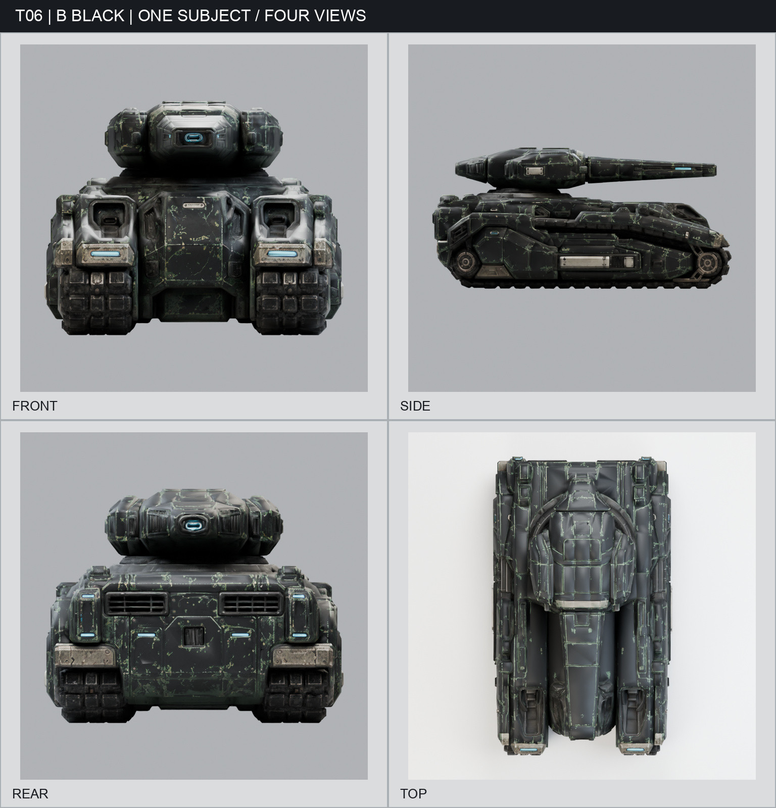 Training Unit full four-view sheet, with front, side, rear, and top design references