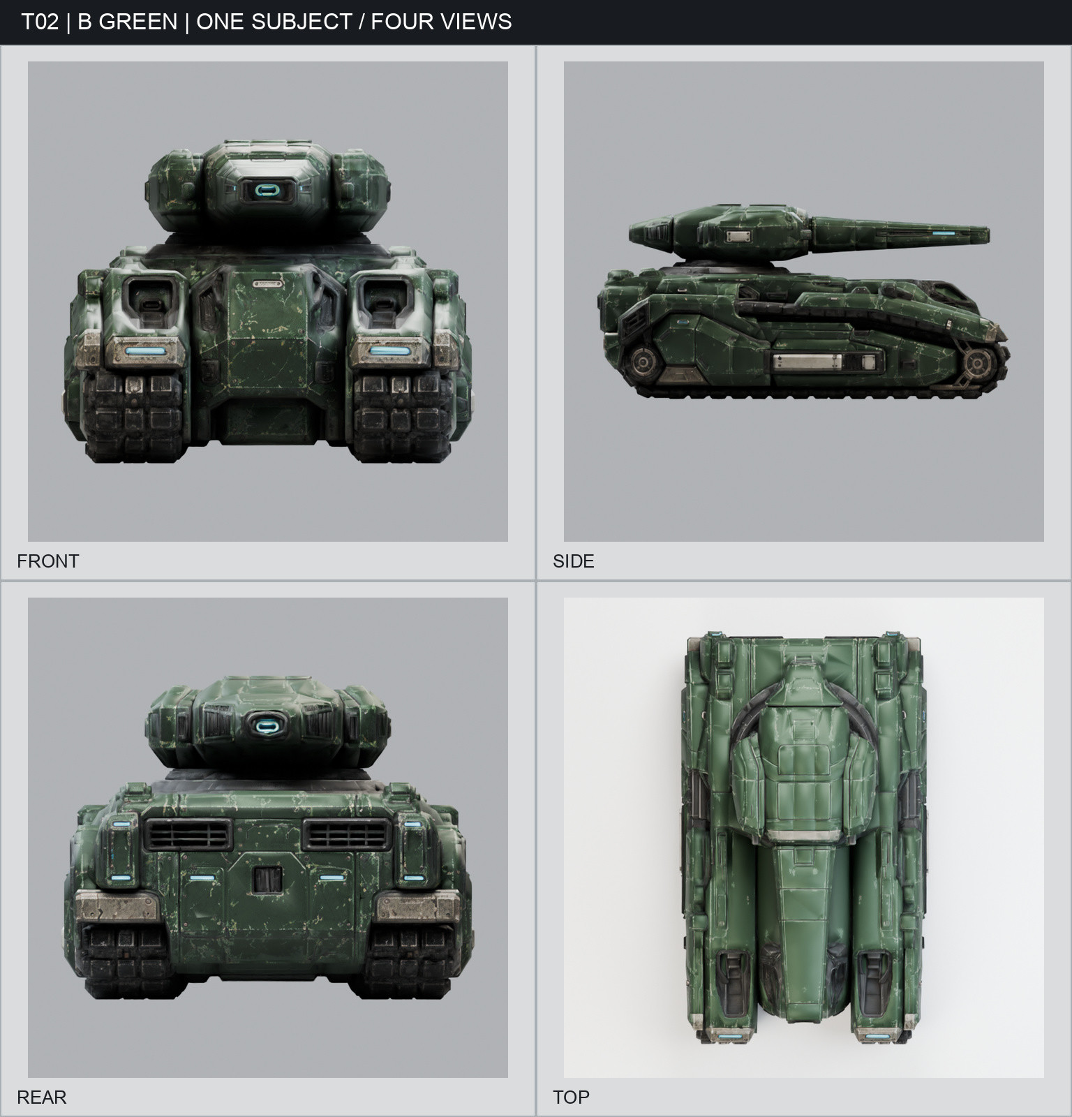 Valiant Lv150 · Green Livery four-view sheet, showing the combat vehicle and its green livery from the front, side, rear, and top