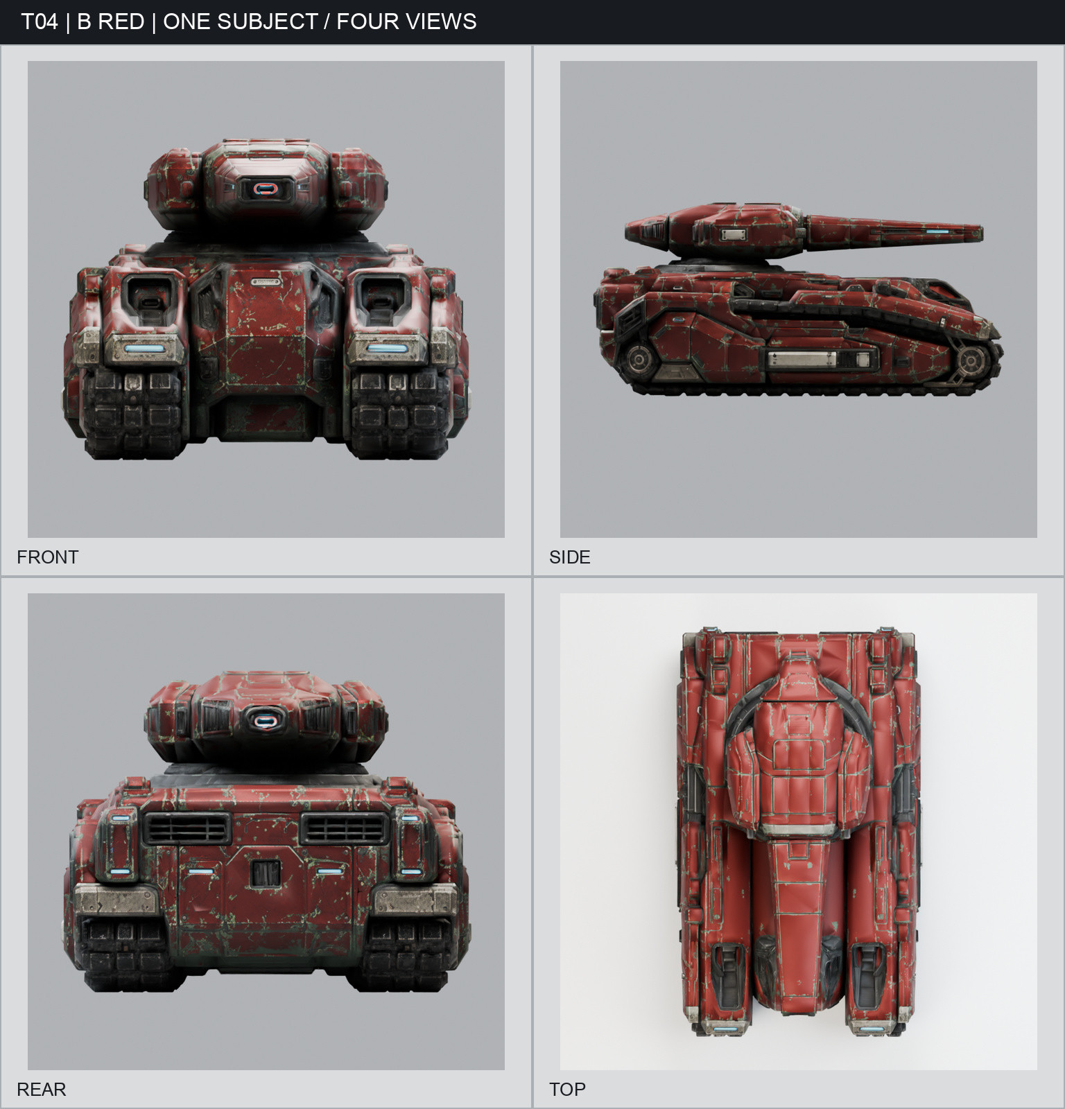 Valiant Lv150 · Red Livery four-view sheet, showing the combat vehicle and its red livery from the front, side, rear, and top